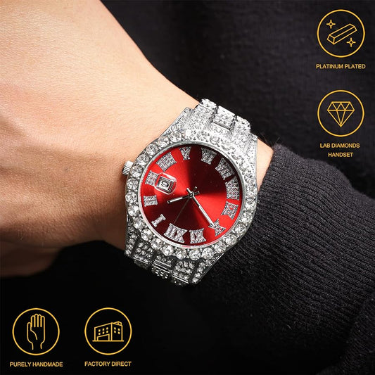Luxury Diamond Iced out watch Round Dial  Red Colour